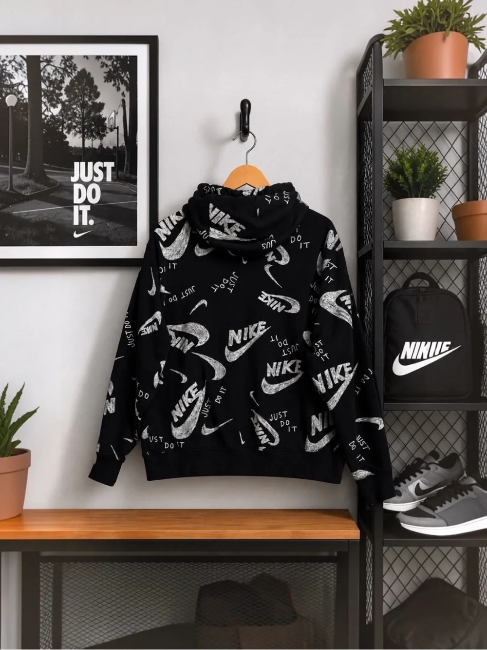 Nike Just Do It All Over Print Hoodie Men’s XL Black White